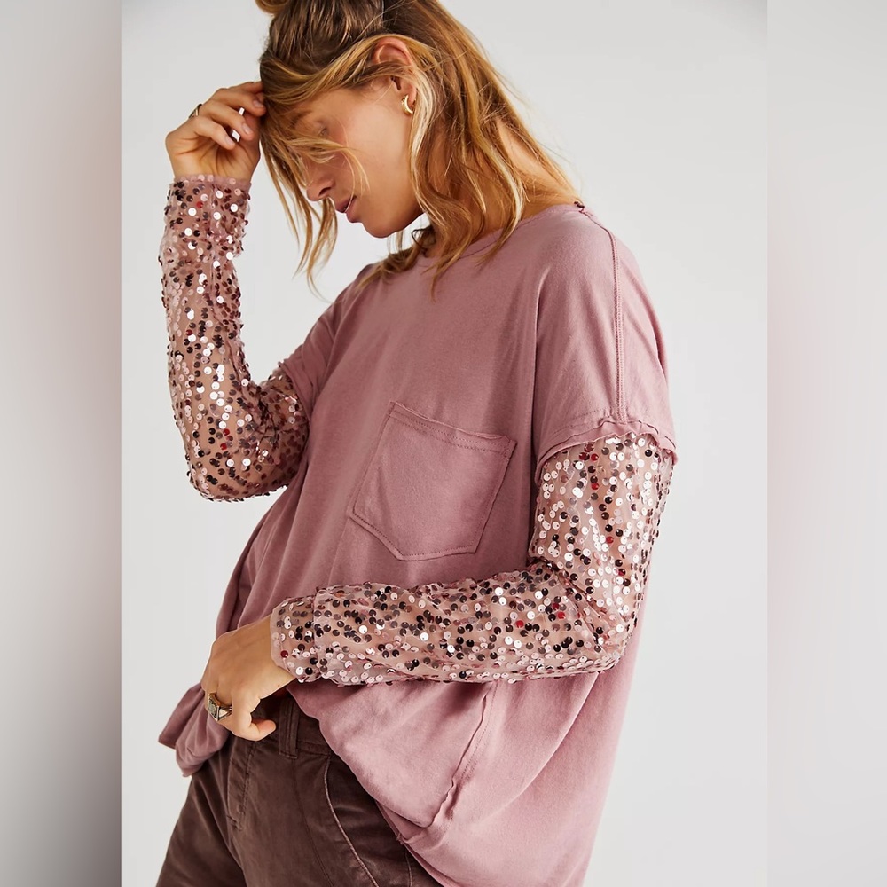 Free People Mauve Sequin Sleeve Long Sleeve Tee
